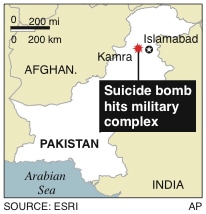 <font size="2">Map locates Kamra, Pakistan, where a suicide attacker hit a military complex. (AP Photo)</font>